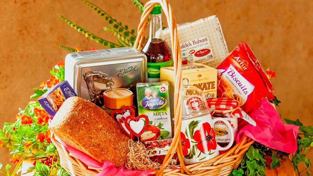Basket filled with homemade and imported polish goodies for your mom or babcia from piast kat