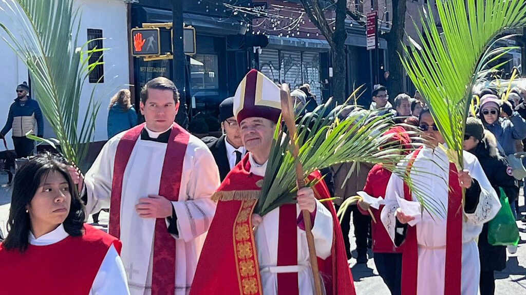 Bishop of the diocese of brooklyn robert j brennan leads palm sunday procession kat