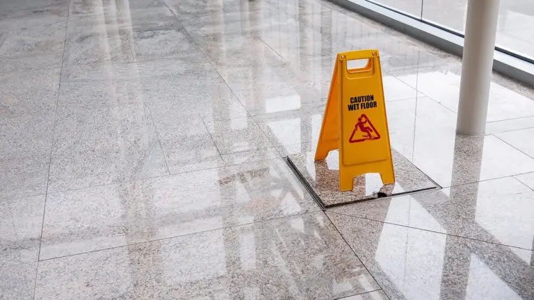Wet floor warning sign in a building lobby