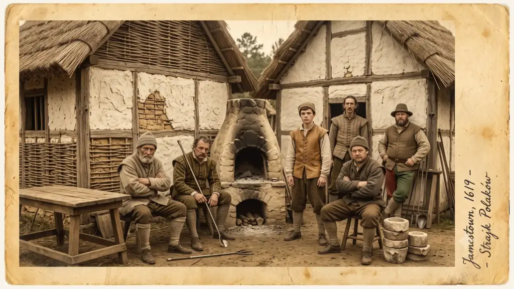 Grupa polskich rzemieślników stojących bezczynnie obok pieca hutniczego i narzędzi do wyrobu szkła, symbolizująca strajk w Jamestown