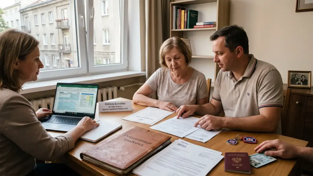 Małżeństwo konsultujące dokumenty spadkowe z adwokatem w polskiej kancelarii prawnej