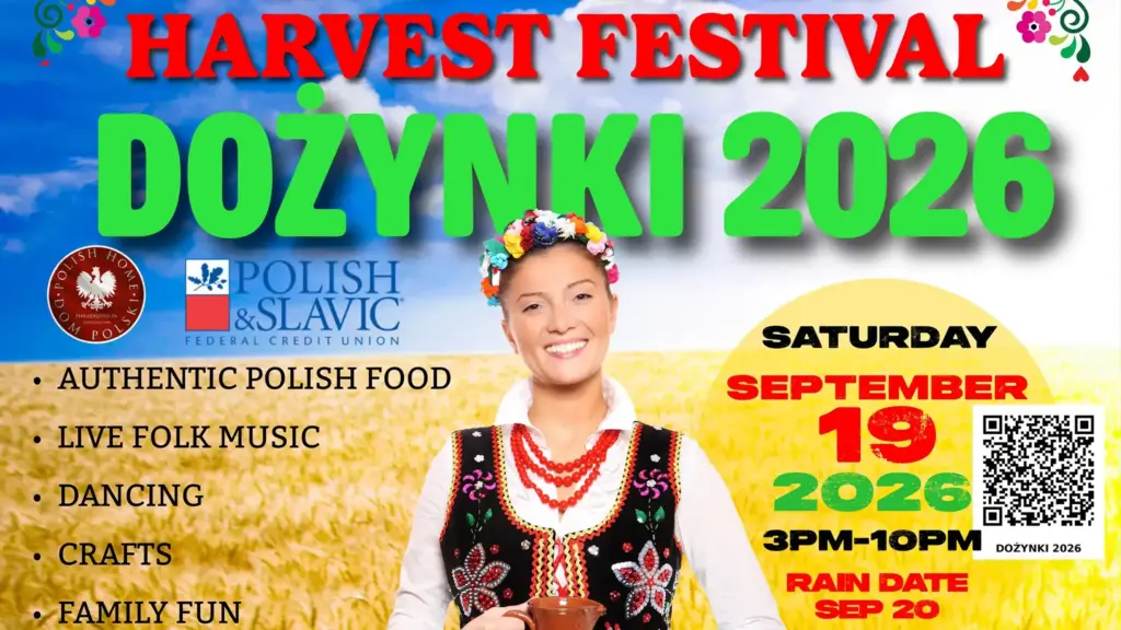 Plakat Dożynek 2026 w Associated Polish Home w Filadelfii – kobieta w stroju ludowym na tle pola zboża