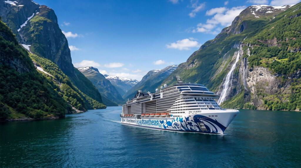 Statek wycieczkowy w norweskim fiordzie na tle gór i wodospadów · Caption: Geirangerfjord — od 2005 roku na Liście Światowego Dziedzictwa UNESCO.