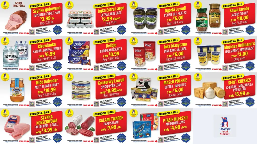 Piętnaście plansz promocyjnych sklepu Janosik Food Market w Linden, NJ — wędliny, nabiał, kawa i słodycze