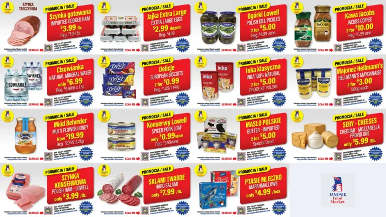 Piętnaście plansz promocyjnych sklepu Janosik Food Market w Linden, NJ — wędliny, nabiał, kawa i słodycze