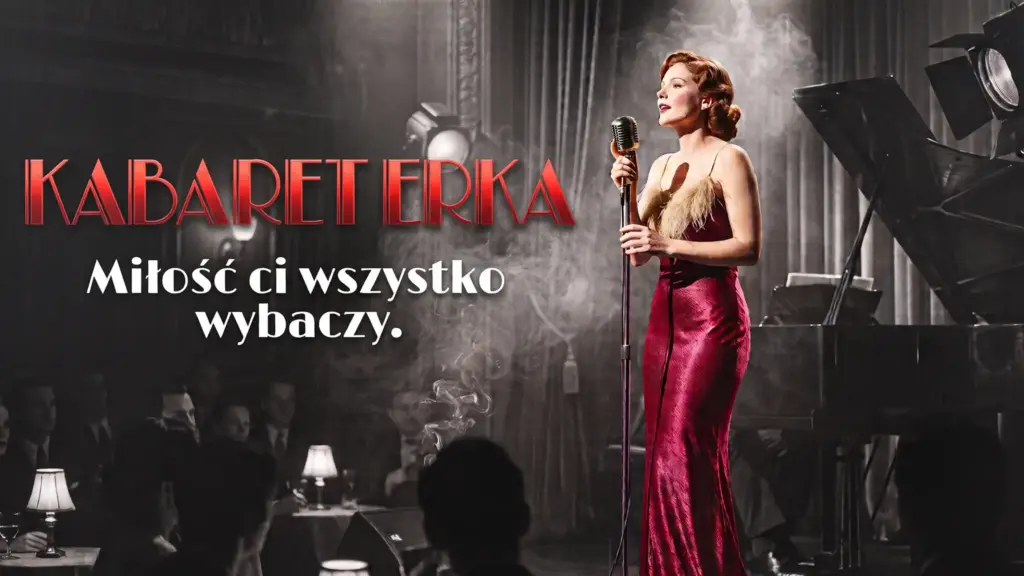 Plakat spektaklu „Miłość ci wszystko wybaczy" Kabaretu ERKA — artystka przy mikrofonie w kabarecie lat trzydziestych