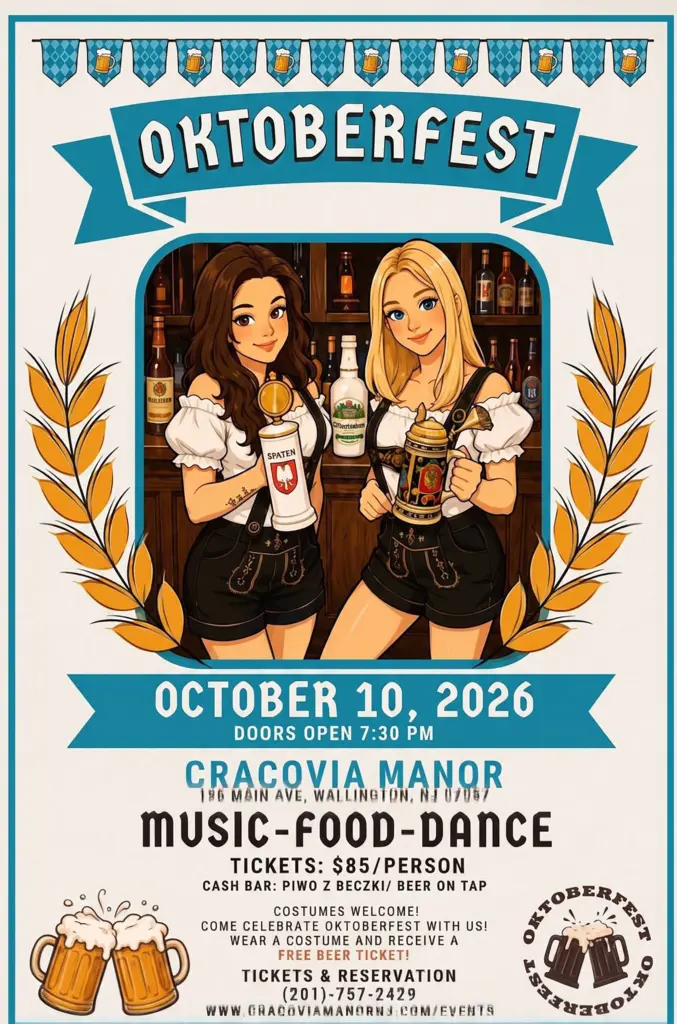 Plakat Oktoberfest 2026 — Cracovia Manor, 196 Main Ave, Wallington NJ