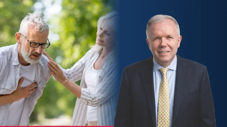 Dr Adam S. Budzikowski, kardiolog, obok zdjęcia mężczyzny z bólem w klatce piersiowej
