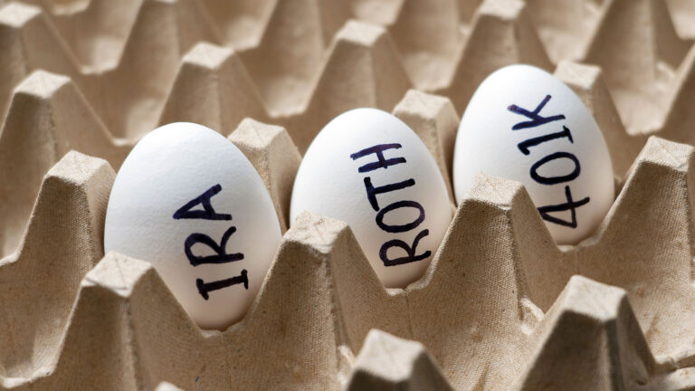 Eggs labeled IRA, Roth and 401K in a carton – early withdrawal from an IRA