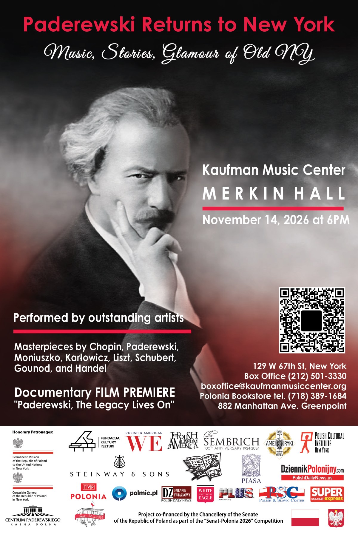 Poster for the Paderewski Returns to New York Gala Concert, November 14, 2026, Kaufman Music Center