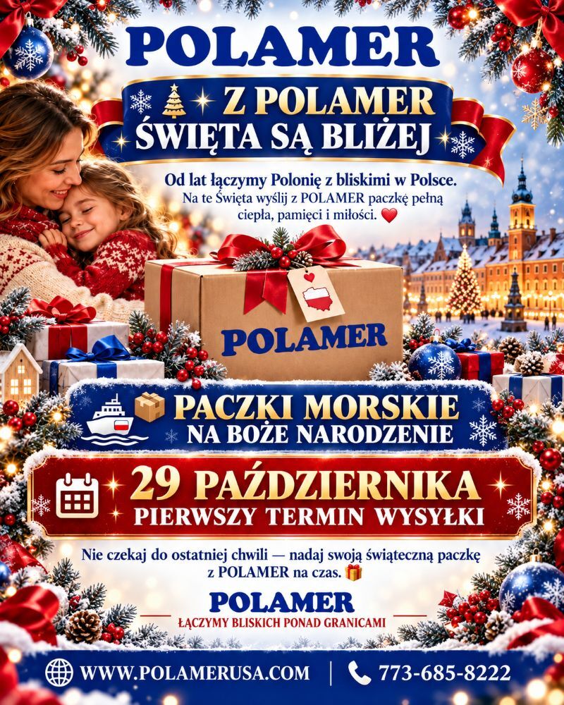 Plakat Polamer: paczki morskie na Boże Narodzenie, pierwszy termin wysyłki 29 października 2026