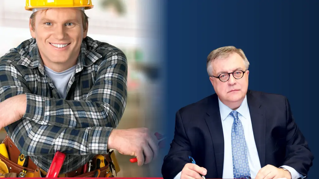 Adwokat Robert Wisniewski obok pracownika budowlanego w kasku – stawki prevailing wage