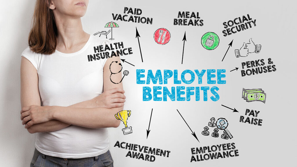 Woman at a board with employee benefits icons – benefits to weigh in a job offer
