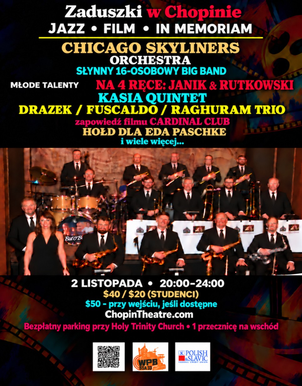 Plakat: Zaduszki w Chopinie – jazz, film, In Memoriam, 2 listopada 2026, Chopin Theatre, Chicago