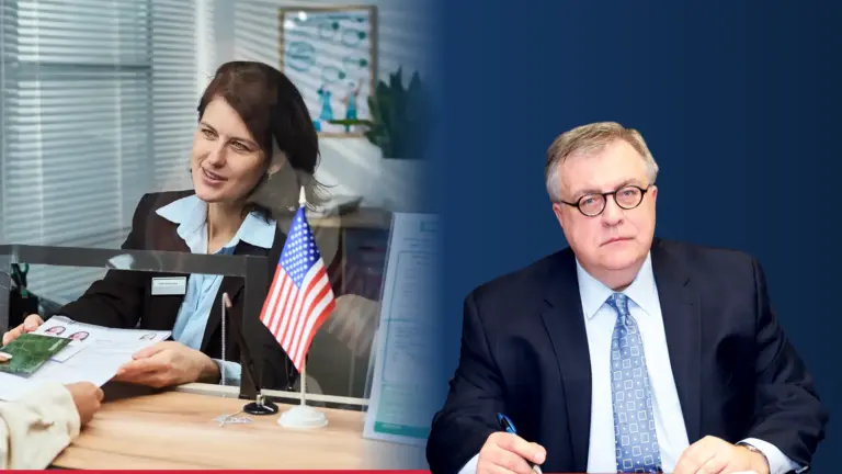 Adwokat Robert Wisniewski obok rozmowy w biurze z amerykańską flagą – zakładanie firmy w USA